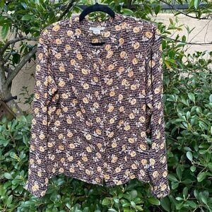 Georgiou Women's Black Tan Floral Print Long Sleeve Button Down Blouse Size 6. E